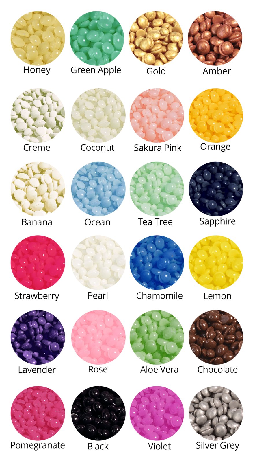 Hard wax beans colour chart, 24 colourways
