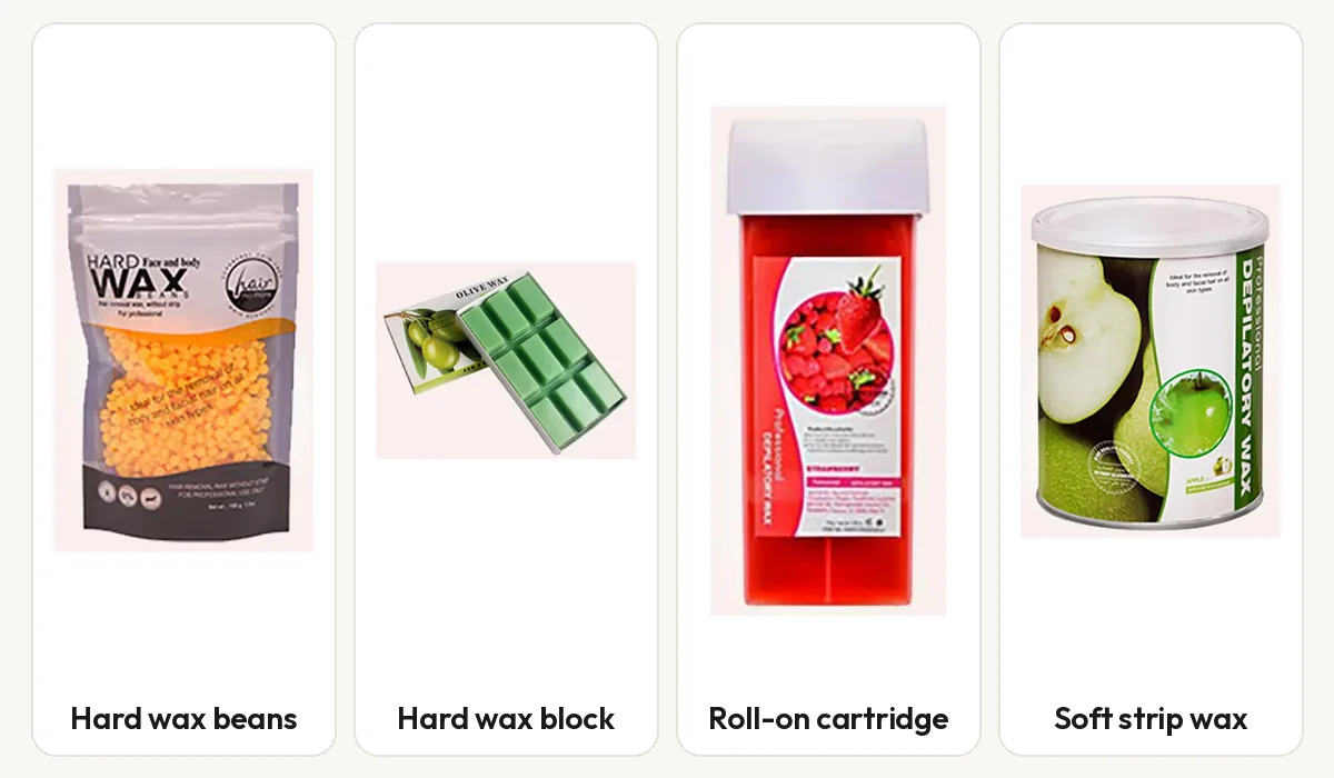 Hard wax beans in a bag, a hard wax block in a tray, a roll-on cartridge and a can of soft strip wax