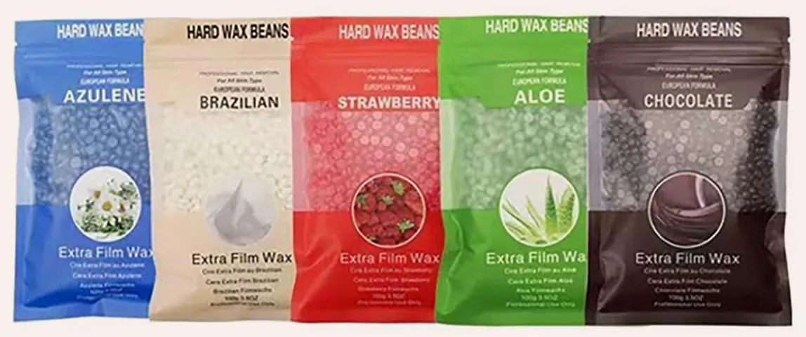 Hard wax beans in 100 gram printed bags, five colours